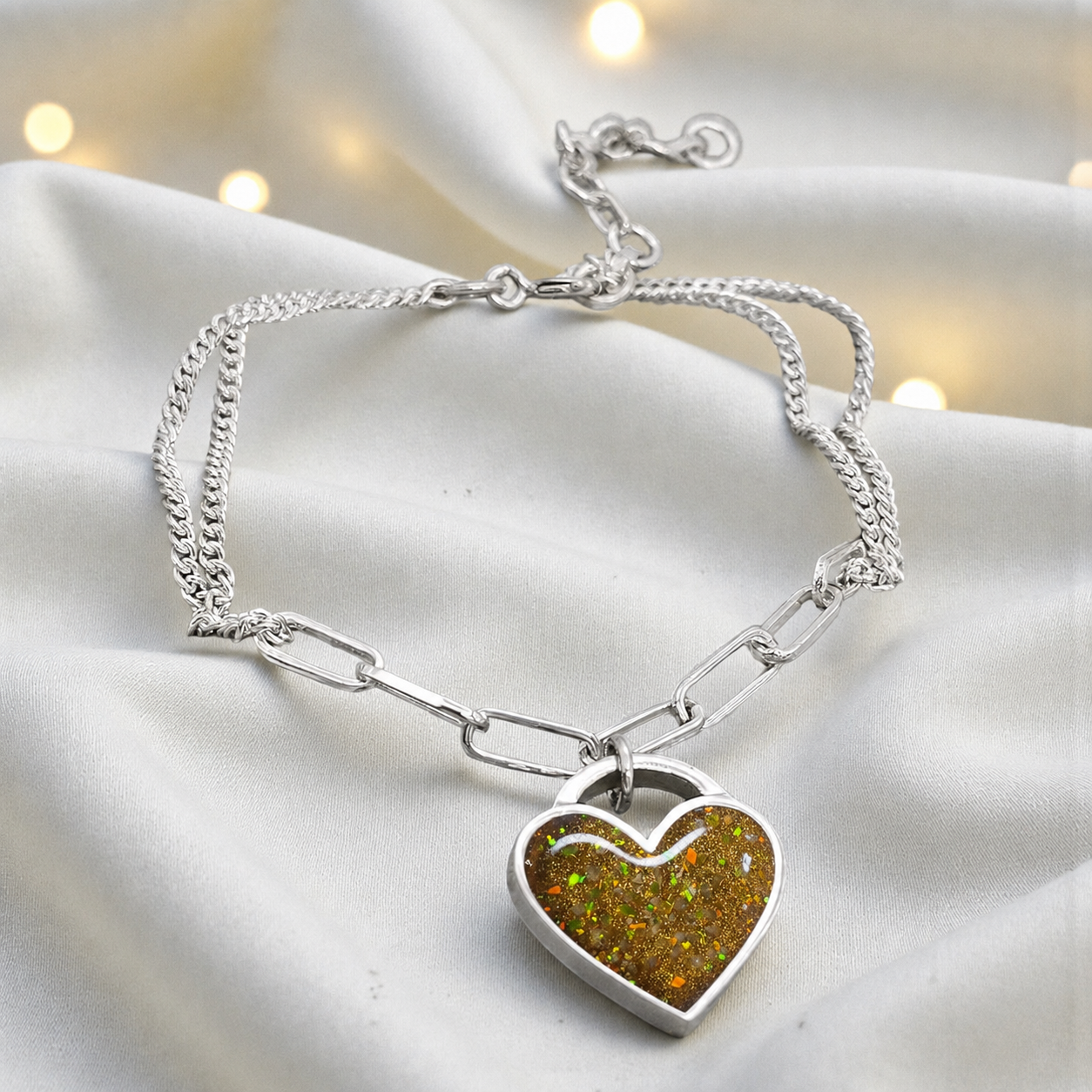 Selene Bracelet — silver chunky heart ashes memorial bracelet, in gold olive, handcrafted in Lancashire, UK - by Keepsake Memorial Jewellery