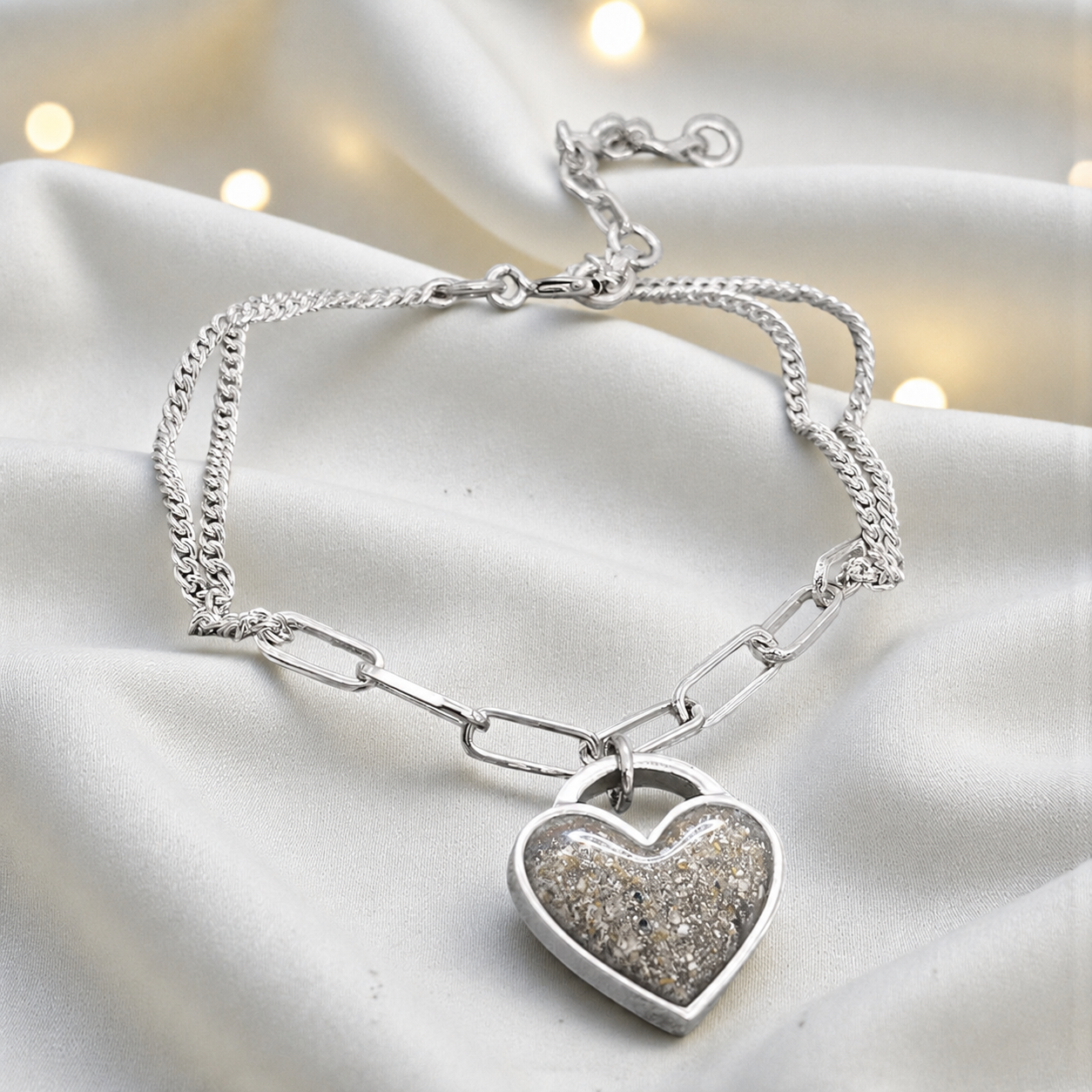 Selene Bracelet — silver chunky heart ashes memorial bracelet, in natural ash, handcrafted in Lancashire, UK - by Keepsake Memorial Jewellery
