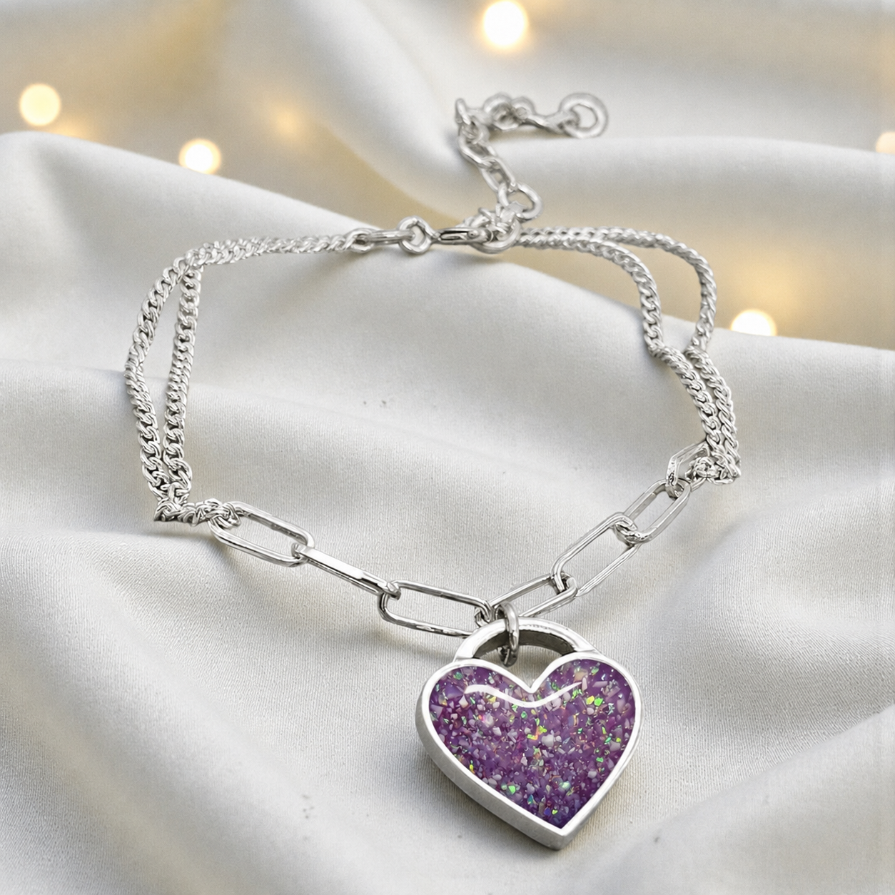 Selene Bracelet — silver chunky heart ashes memorial bracelet, in rose pink, handcrafted in Lancashire, UK - by Keepsake Memorial Jewellery