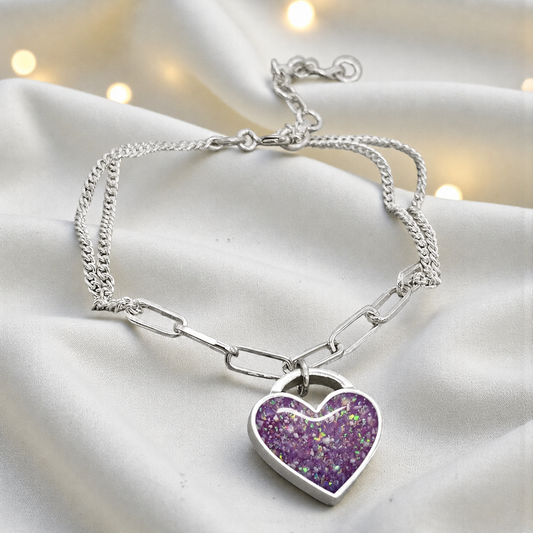 Selene Bracelet — silver chunky heart ashes memorial bracelet, in rose pink, handcrafted in Lancashire, UK - by Keepsake Memorial Jewellery