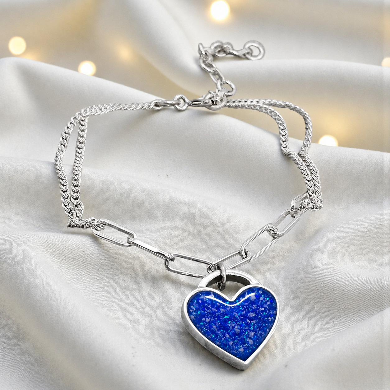 Selene Bracelet — silver chunky heart ashes memorial bracelet, in royal blue, handcrafted in Lancashire, UK - by Keepsake Memorial Jewellery