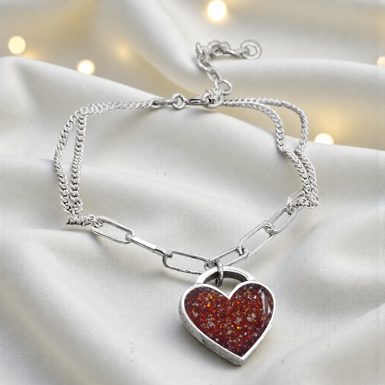 Selene Bracelet — silver chunky heart ashes memorial bracelet, in ruby red, handcrafted in Lancashire, UK - by Keepsake Memorial Jewellery