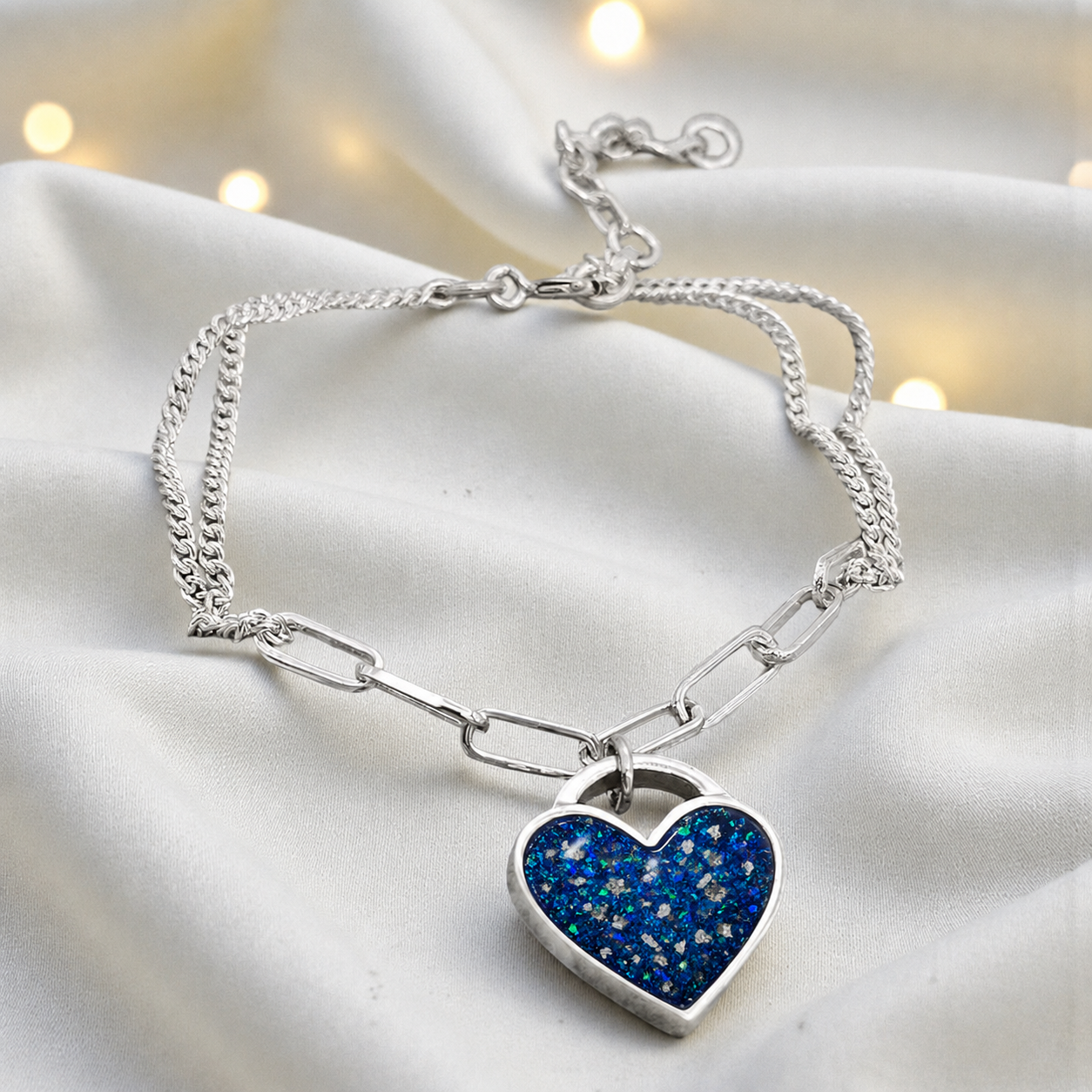 Selene Bracelet — silver chunky heart ashes memorial bracelet, in sapphire glow, handcrafted in Lancashire, UK - by Keepsake Memorial Jewellery