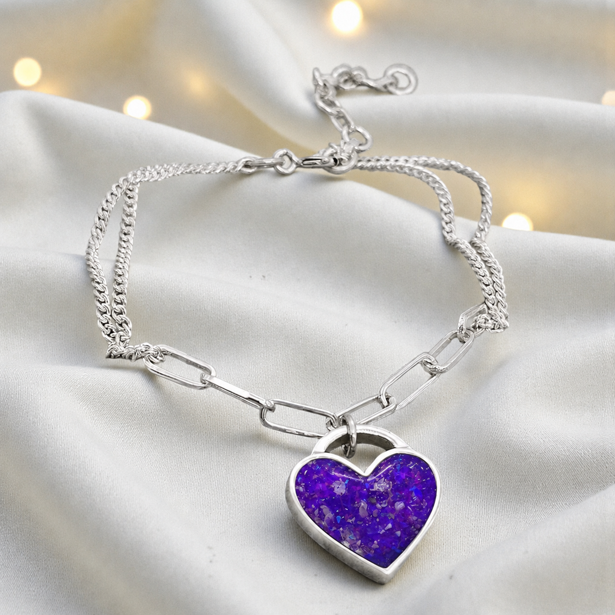 Selene Bracelet — silver chunky heart ashes memorial bracelet, in sleepy lavender, handcrafted in Lancashire, UK - by Keepsake Memorial Jewellery