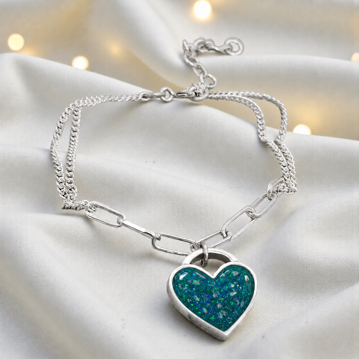 Selene Bracelet — silver chunky heart ashes memorial bracelet, in teal mist, handcrafted in Lancashire, UK - by Keepsake Memorial Jewellery