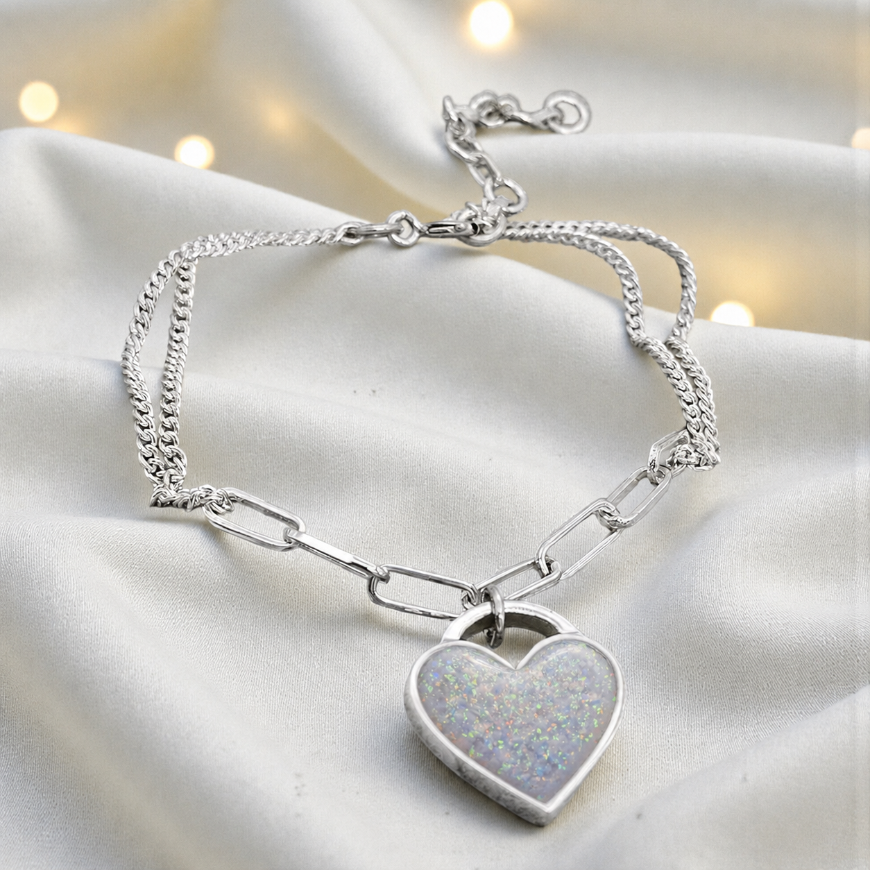 Selene Bracelet — silver chunky heart ashes memorial bracelet, in white snow, handcrafted in Lancashire, UK - by Keepsake Memorial Jewellery