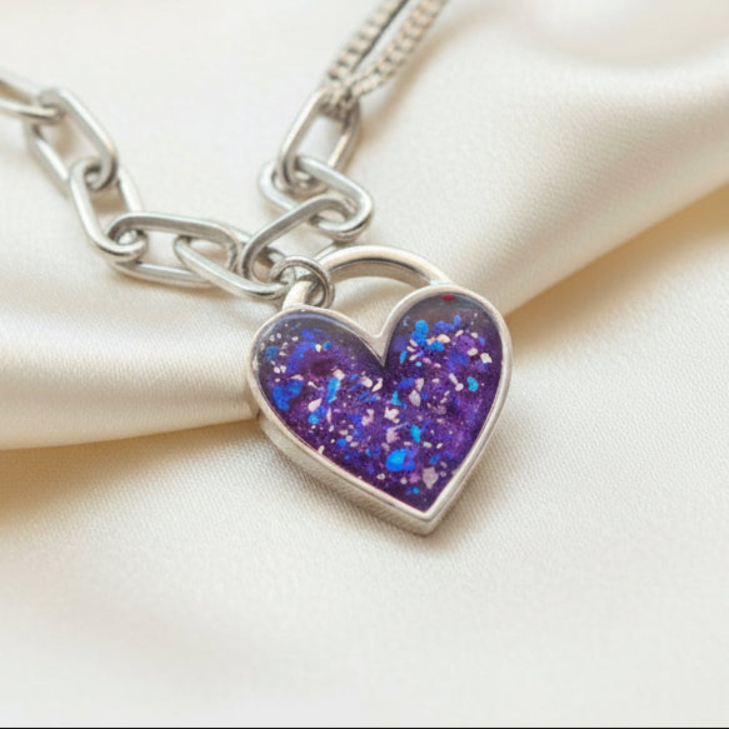 Selene Bracelet — silver chunky heart ashes memorial bracelet, close-up, handcrafted in Lancashire, UK - by Keepsake Memorial Jewellery