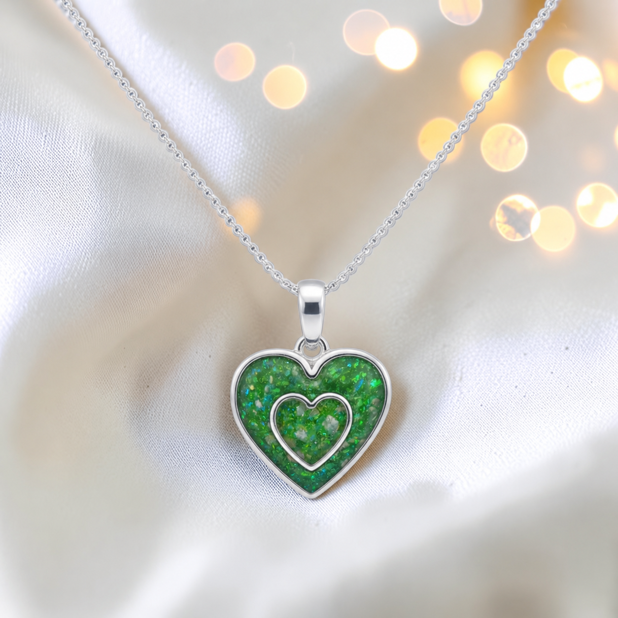Shaula two heart memorial pendant in fruit green, handcrafted in Lancashire UK - by Keepsake Memorial Jewellery