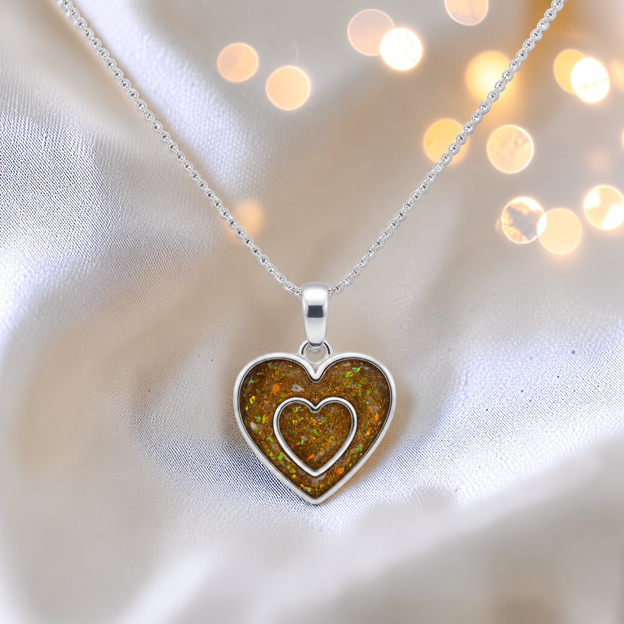 Shaula two heart memorial pendant gold olive, handcrafted in Lancashire UK - by Keepsake Memorial Jewellery