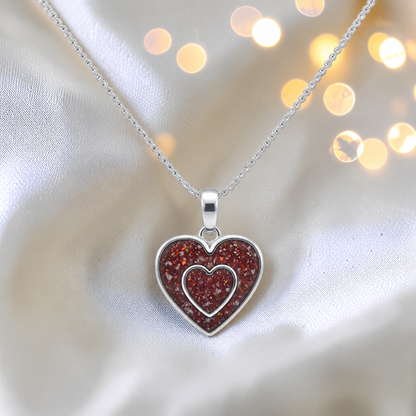 Shaula two heart memorial pendant in ruby red, handcrafted in Lancashire UK - by Keepsake Memorial Jewellery