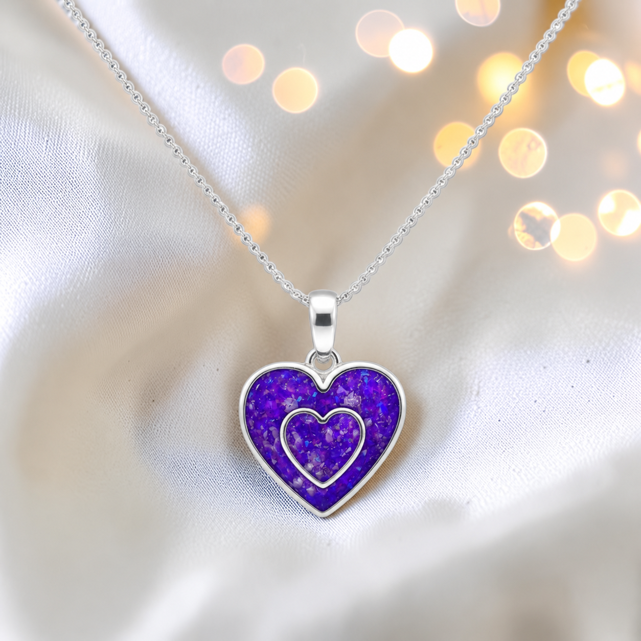 Shaula two heart memorial pendant in sleepy lavender, handcrafted in Lancashire UK - by Keepsake Memorial Jewellery