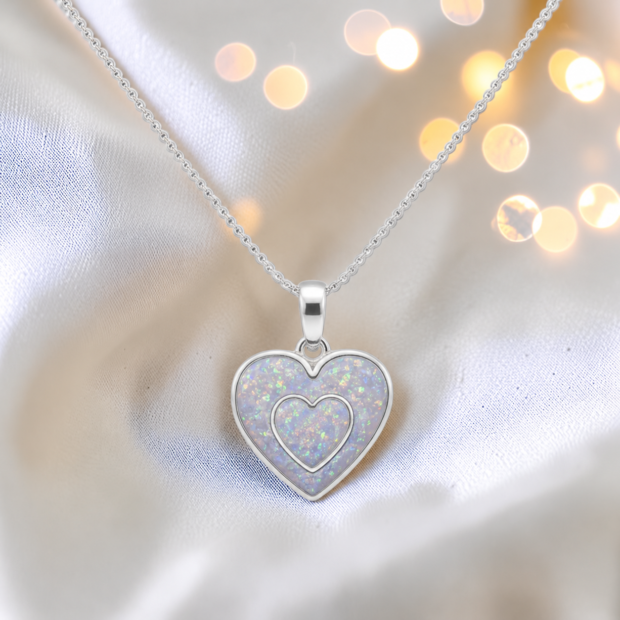 Shaula two heart memorial pendant in white snow, handcrafted in Lancashire UK - by Keepsake Memorial Jewellery
