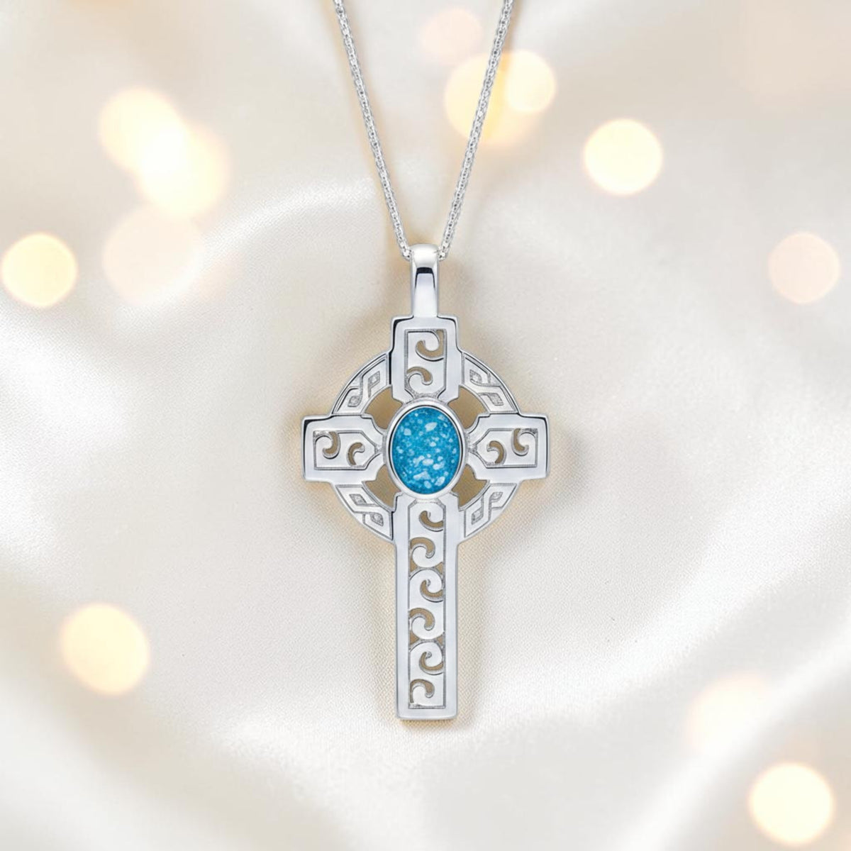 Anam sterling silver Celtic cross memorial pendant, 55mm, handcrafted in Lancashire UK by Keepsake Memorial Jewellery