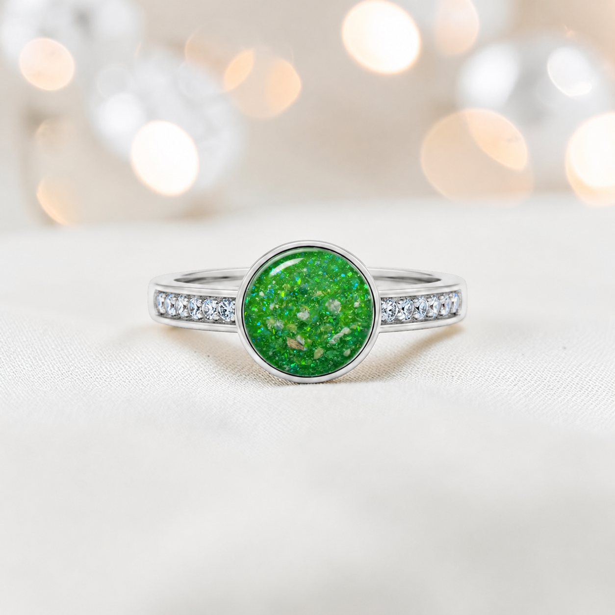 Keepsake Memorial Silver Whisper Ashes Ring in Fruit Green — handcrafted in Lancashire, UK