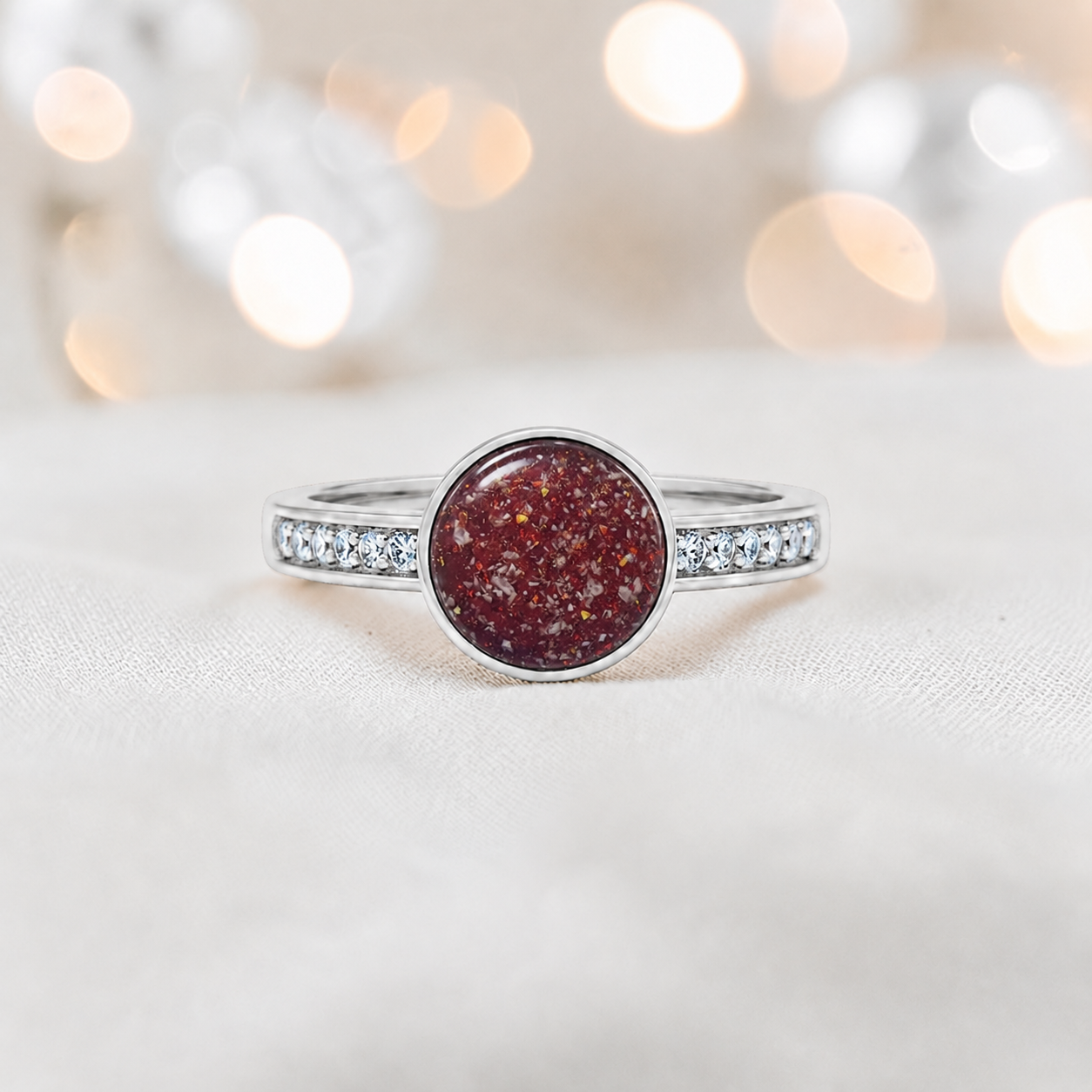 Keepsake Memorial Silver Whisper Ashes Ring in Ruby Red  — handcrafted in Lancashire, UK