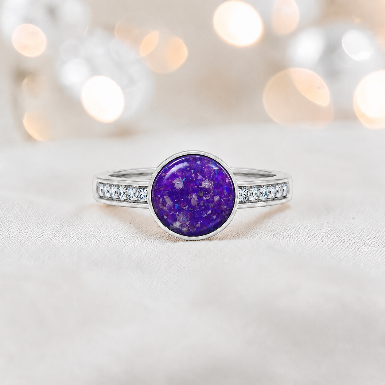 Keepsake Memorial Silver Whisper Ashes Ring in Sleepy Lavender — handcrafted in Lancashire, UK