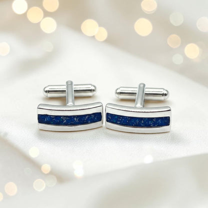 Sapphire blue silver Ember memorial ashes cufflinks, handcrafted in Lancashire UK