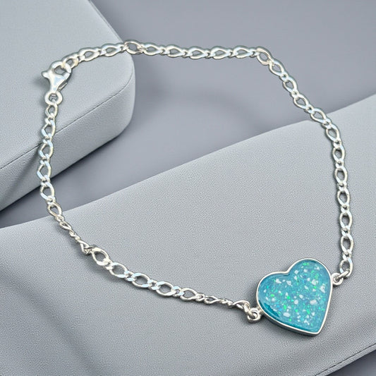 Silver Heart ashes memorial bracelet, handcrafted in Lancashire, UK