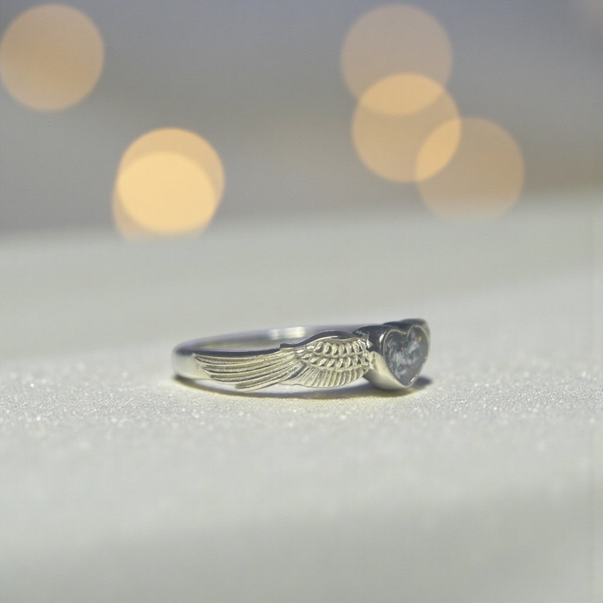 Raphaela Ring — silver angel wing heart memorial ring, handcrafted in Lancashire, UK