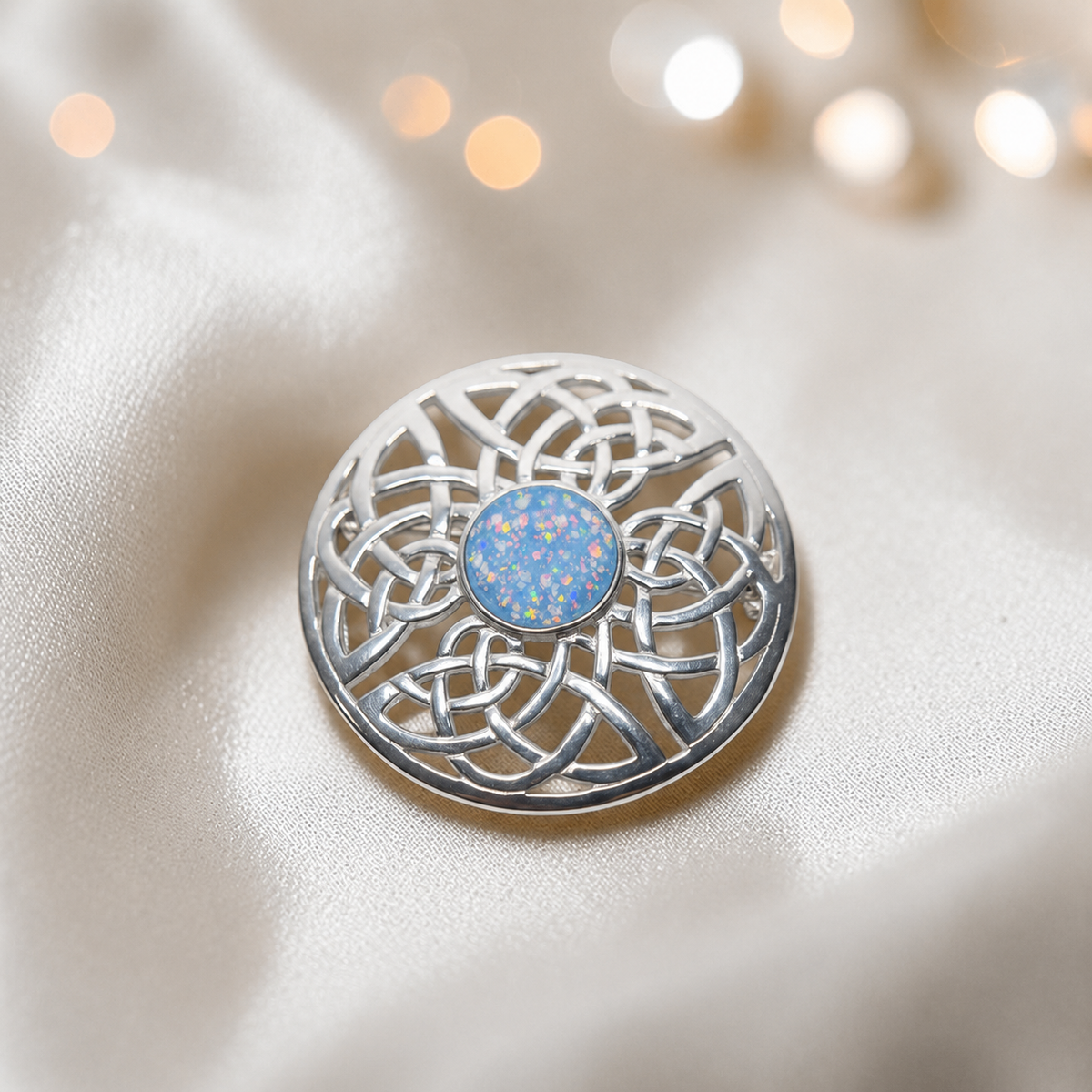 Skye brooch - sterling silver Celtic ashes memorial brooch in baby blue, handcrafted in Lancashire UK - by Keepsake Memorial Jewellery