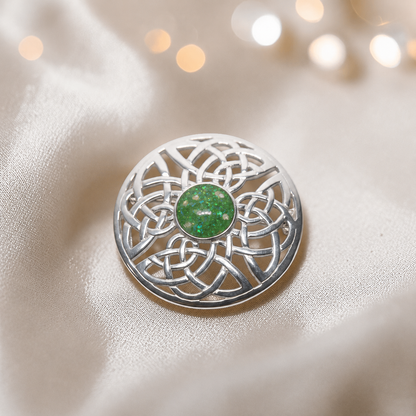 Skye brooch - sterling silver Celtic ashes memorial brooch in fruit green, handcrafted in Lancashire UK - by Keepsake Memorial Jewellery