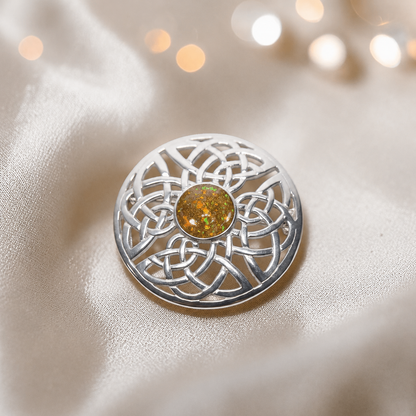 Skye brooch - sterling silver Celtic ashes memorial brooch in gold olive, handcrafted in Lancashire UK - by Keepsake Memorial Jewellery