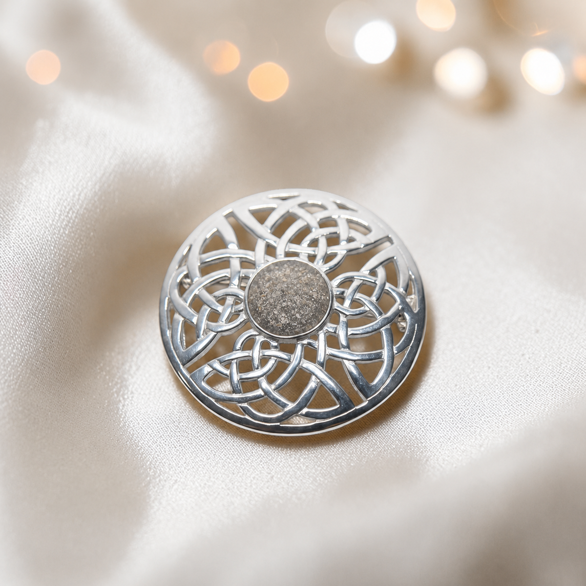 Skye brooch - sterling silver Celtic ashes memorial brooch in natural ash, handcrafted in Lancashire UK - by Keepsake Memorial Jewellery