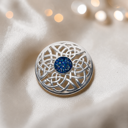 Skye brooch - sterling silver Celtic ashes memorial brooch in sapphire glow, handcrafted in Lancashire UK - by Keepsake Memorial Jewellery