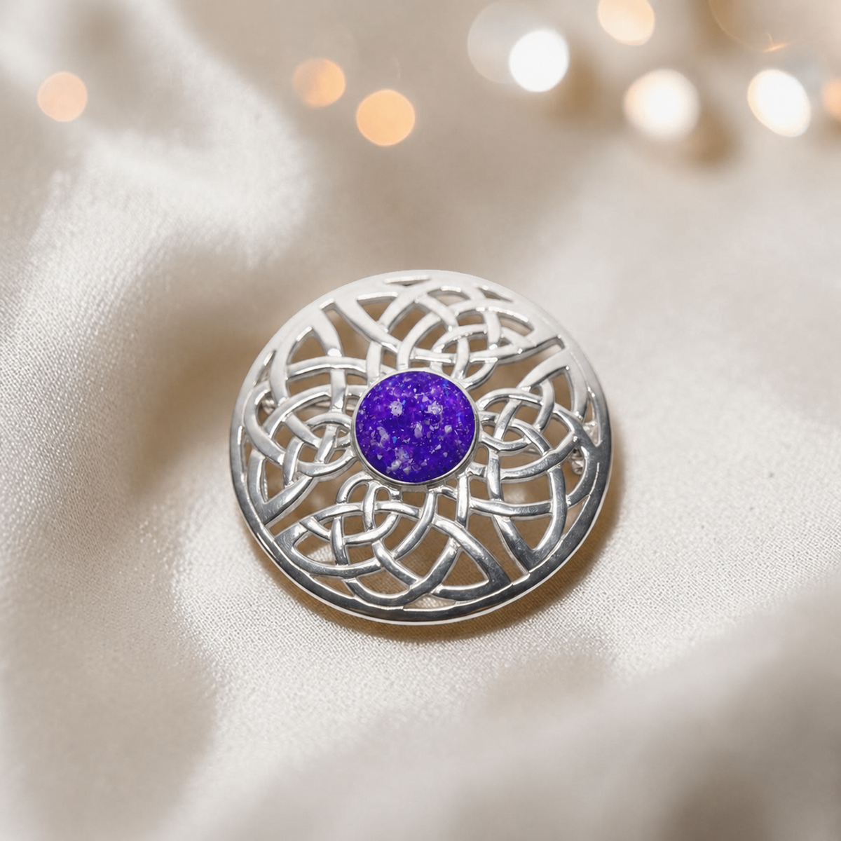 Skye brooch - sterling silver Celtic ashes memorial brooch in sleepy lavender, handcrafted in Lancashire UK - by Keepsake Memorial Jewellery