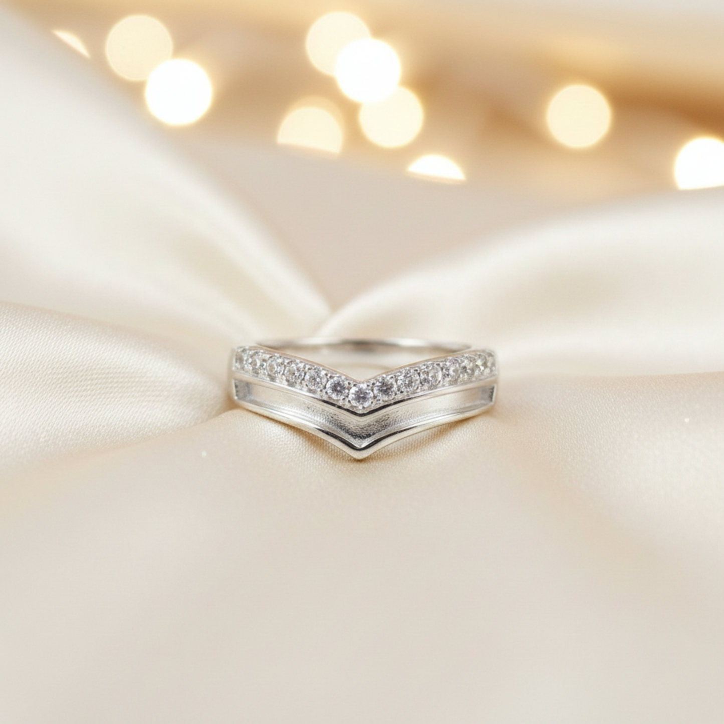 Sophia Ring — silver wishbone CZ ashes memorial ring, front view, handcrafted in Lancashire, UK
