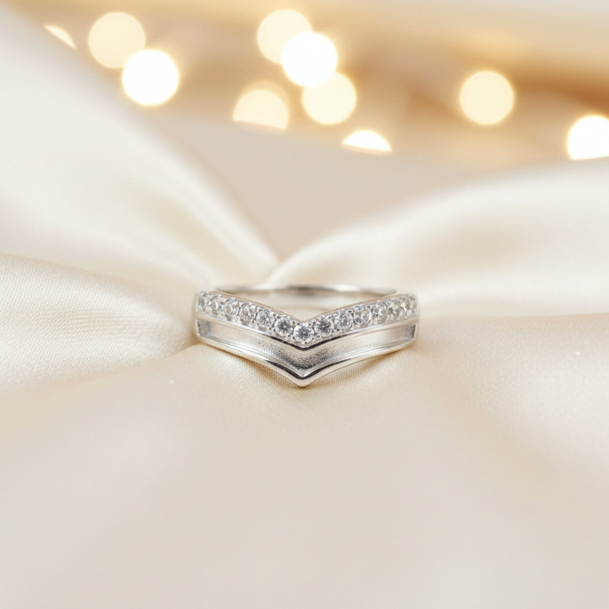 Sophia Ring — silver wishbone CZ ashes memorial ring, front view, handcrafted in Lancashire, UK