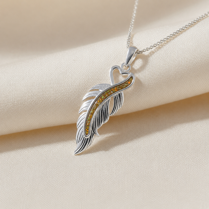 Spica feather memorial pendant in gold olive, handcrafted in Lancashire UK