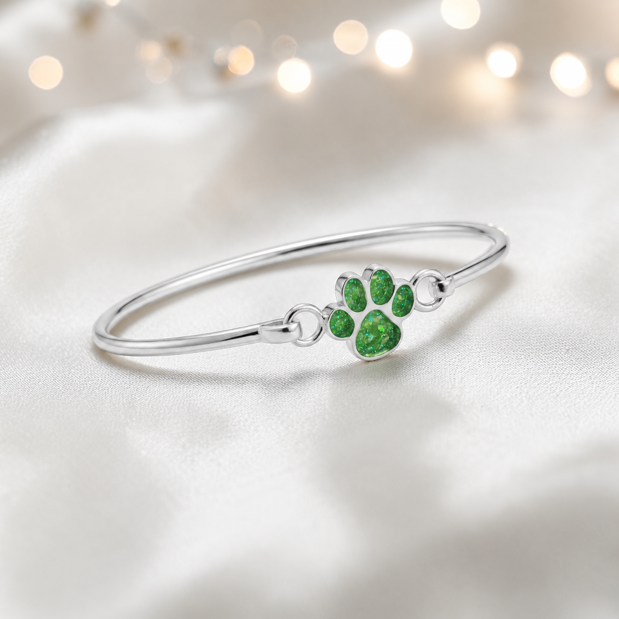 Starlight paw ashes bangle, in fruit green, handcrafted in Lancashire UK - by Keepsake Memorial Jewellery