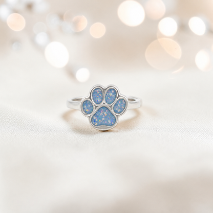 Starlight paw ashes ring in baby blue, handcrafted in Lancashire UK - by Keepsake Memorial Jewellery