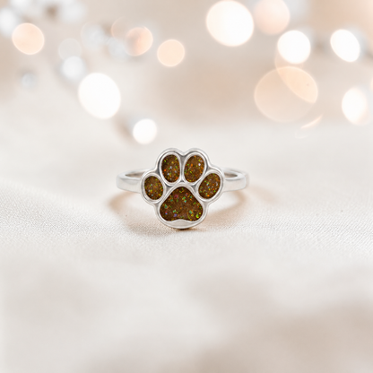 Starlight paw ashes ring in gold olive, handcrafted in Lancashire UK - by Keepsake Memorial Jewellery