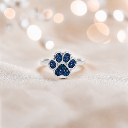 Starlight paw ashes ring in sapphire glow, handcrafted in Lancashire UK - by Keepsake Memorial Jewellery