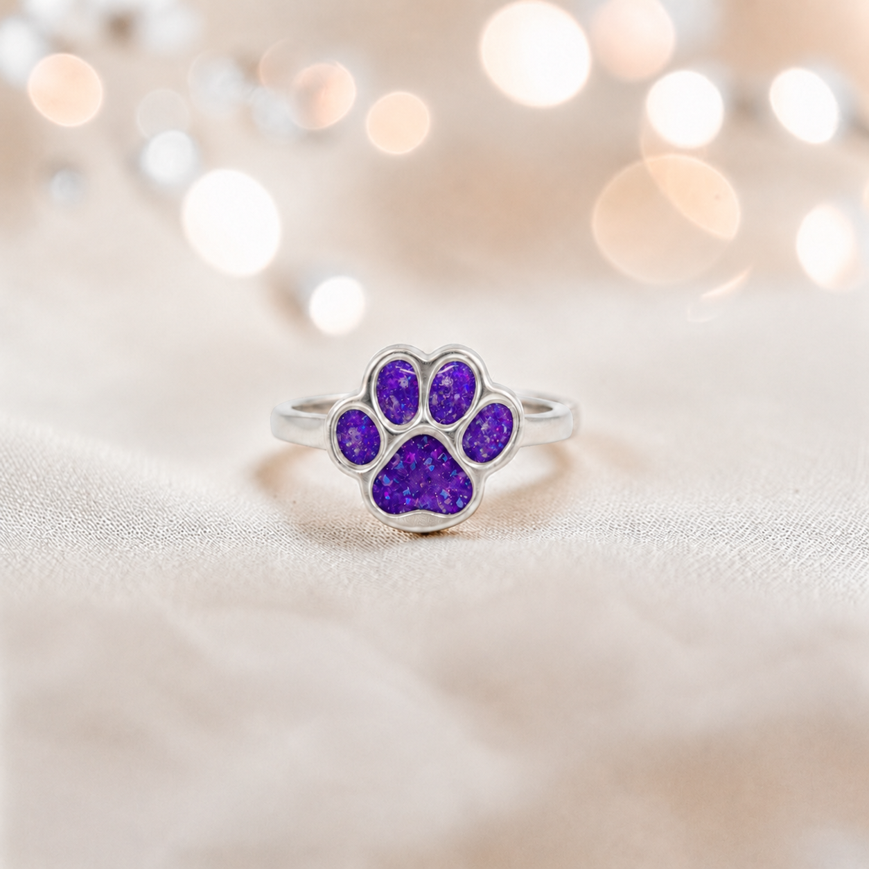 Starlight paw ashes ring in sleepy lavender, handcrafted in Lancashire UK - by Keepsake Memorial Jewellery