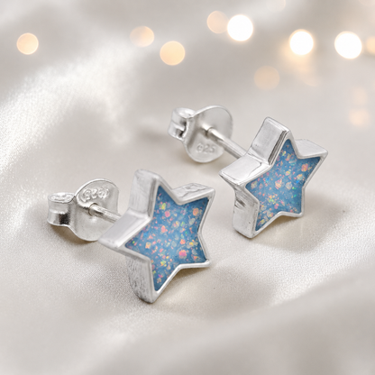 Starlight memorial stud earrings in baby blue opal — sterling silver, handcrafted in Lancashire, UK