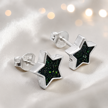 Starlight memorial stud earrings in black flame opal — sterling silver, handcrafted in Lancashire, UK
