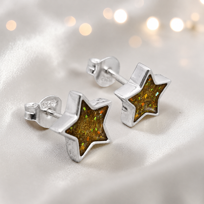Starlight memorial stud earrings in gold olive opal — sterling silver, handcrafted in Lancashire, UK