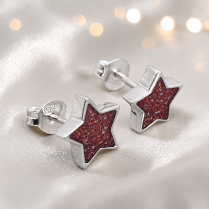 Starlight memorial stud earrings in Ruby Red opal — sterling silver, handcrafted in Lancashire, UK