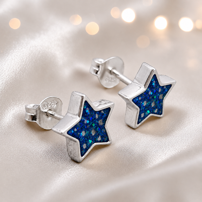 Starlight memorial stud earrings in sapphire glow opal — sterling silver, handcrafted in Lancashire, UK