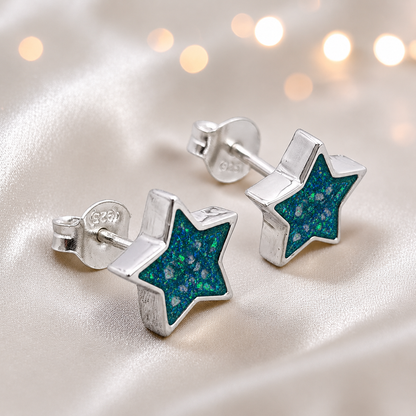 Starlight memorial stud earrings in teal mist opal — sterling silver, handcrafted in Lancashire, UK