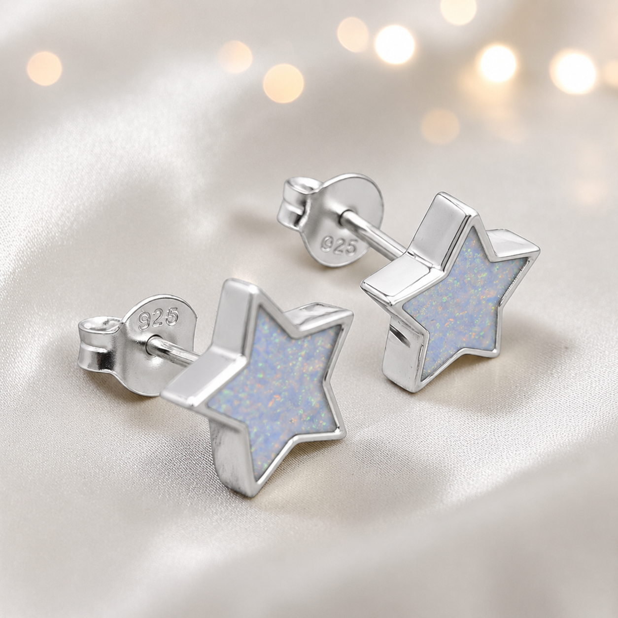 Starlight memorial stud earrings in White Snow opal — sterling silver, handcrafted in Lancashire, UK