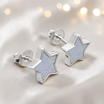 Starlight memorial stud earrings in White Snow opal — sterling silver, handcrafted in Lancashire, UK