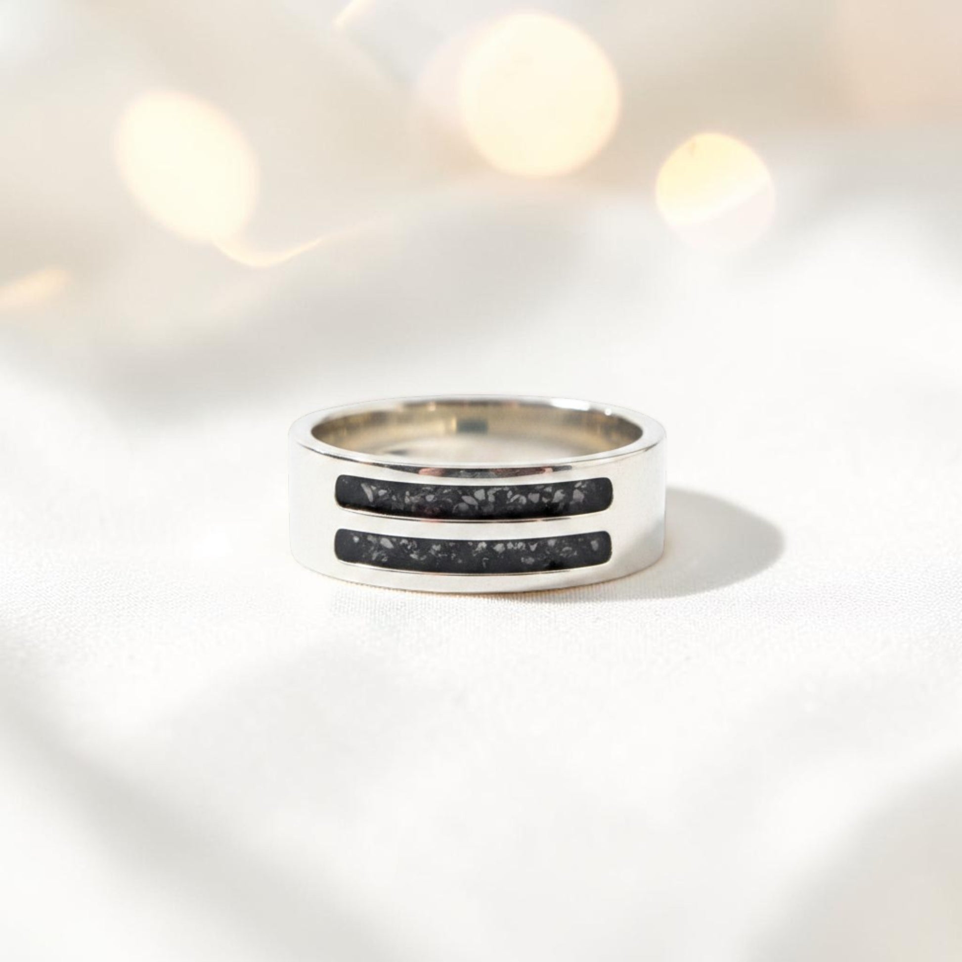 Black Flame Strata men's sterling silver double channel memorial ring, wide comfort-fit band, handcrafted in Lancashire UK by Keepsake Memorial Jewellery
