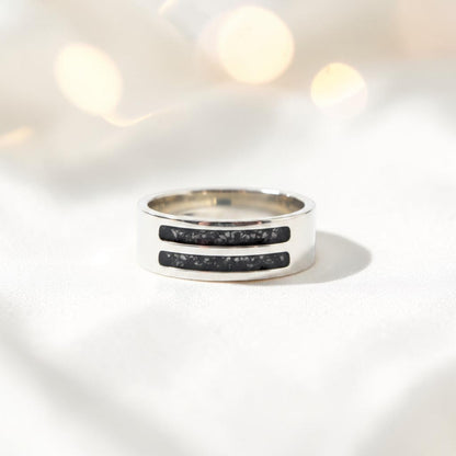 Black Flame Strata men's sterling silver double channel memorial ring, wide comfort-fit band, handcrafted in Lancashire UK by Keepsake Memorial Jewellery