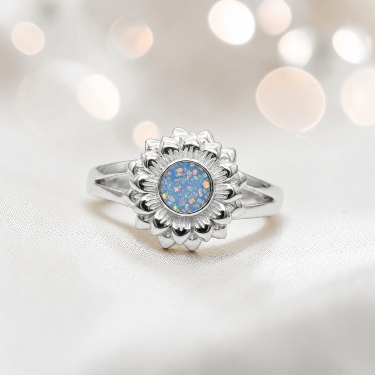 Keepsake Memorial Silver Sunflower Ashes Ring in Baby Blue - Handcrafted in the UK 