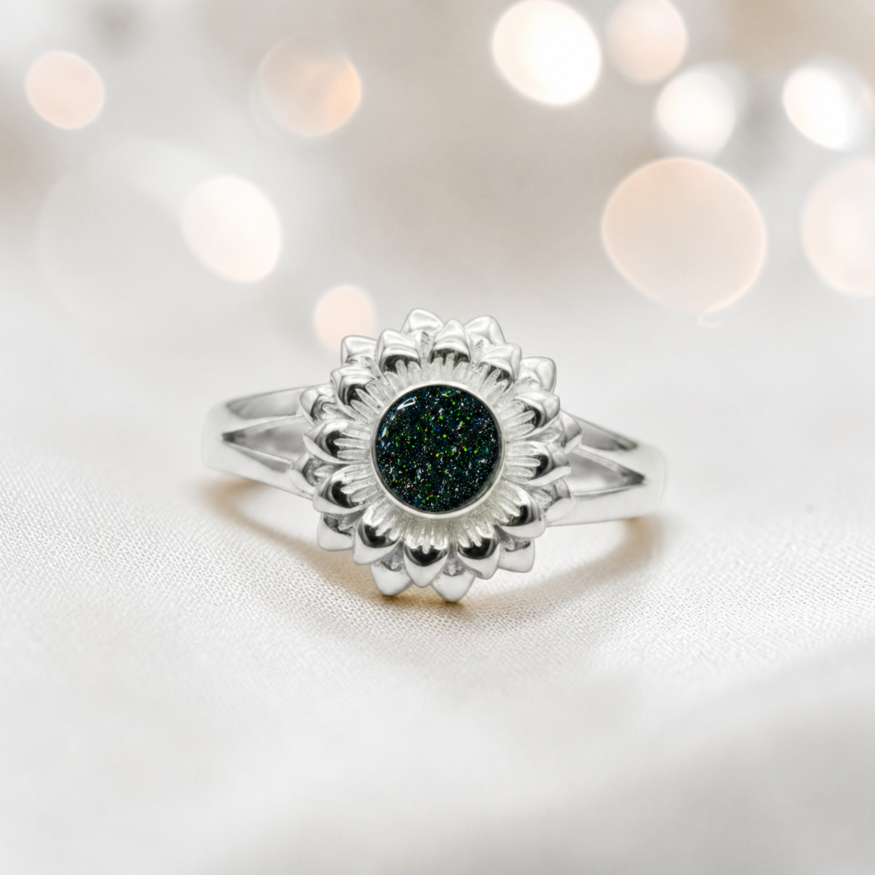 Keepsake Memorial Silver Sunflower Ashes Ring in Black Flame  - Handcrafted in the UK 