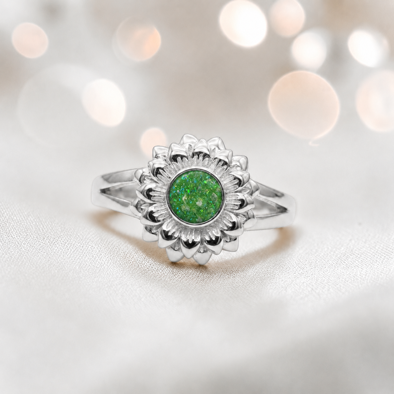 Keepsake Memorial Silver Sunflower Ashes Ring in Fruit Green  - Handcrafted in the UK 